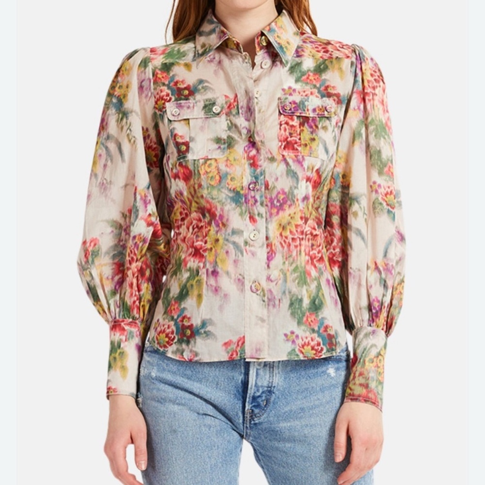 Zimmermann Wavelength Billow Sleeve Shirt in Pink Scarlet Floral size 1/S